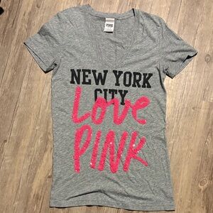 PINK Victoria's Secret Gray V-Neck Tee with Hot Pink and Black Graphic